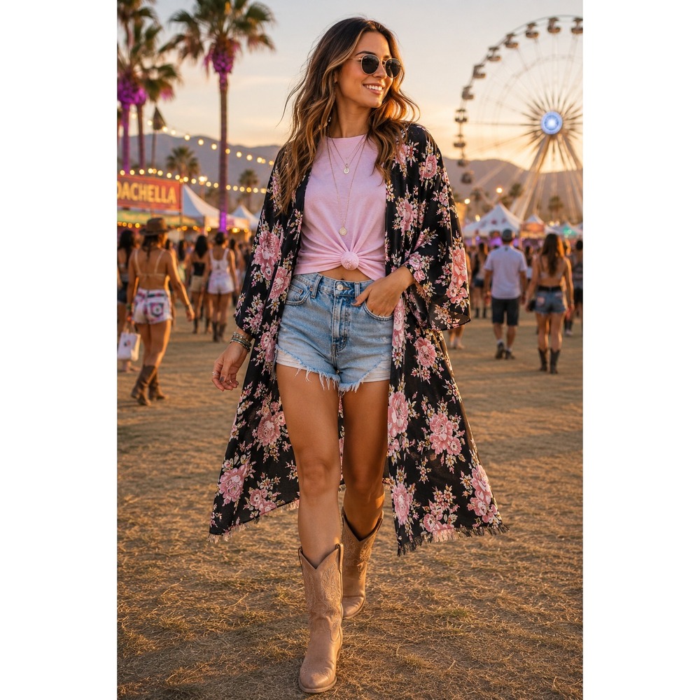 Umgee USA M/L Black Floral‎ Kimono Fringe Hem Boho Duster Cardigan NWT